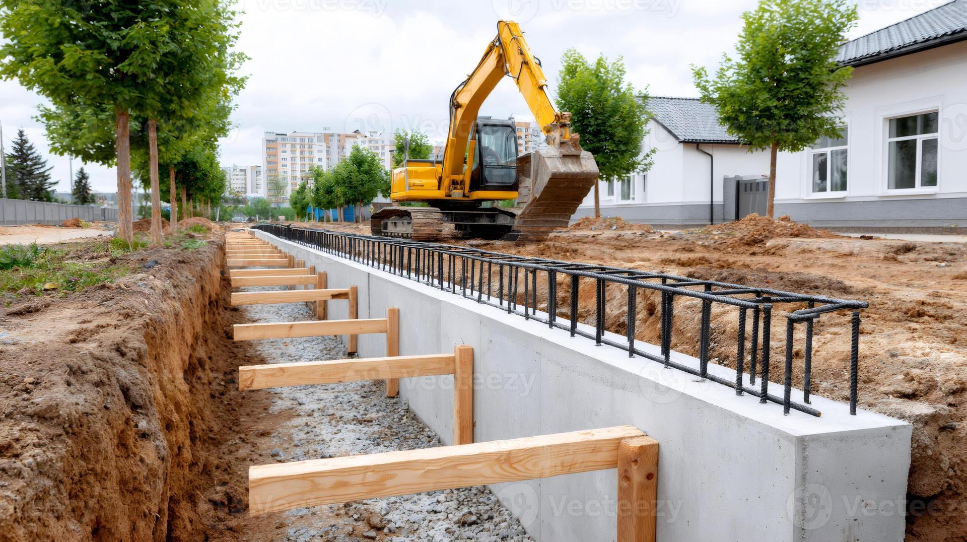 Excavator digging trench for foundation