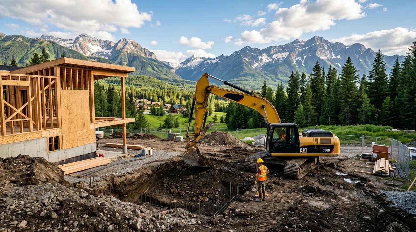 Excavator at foundation construction site