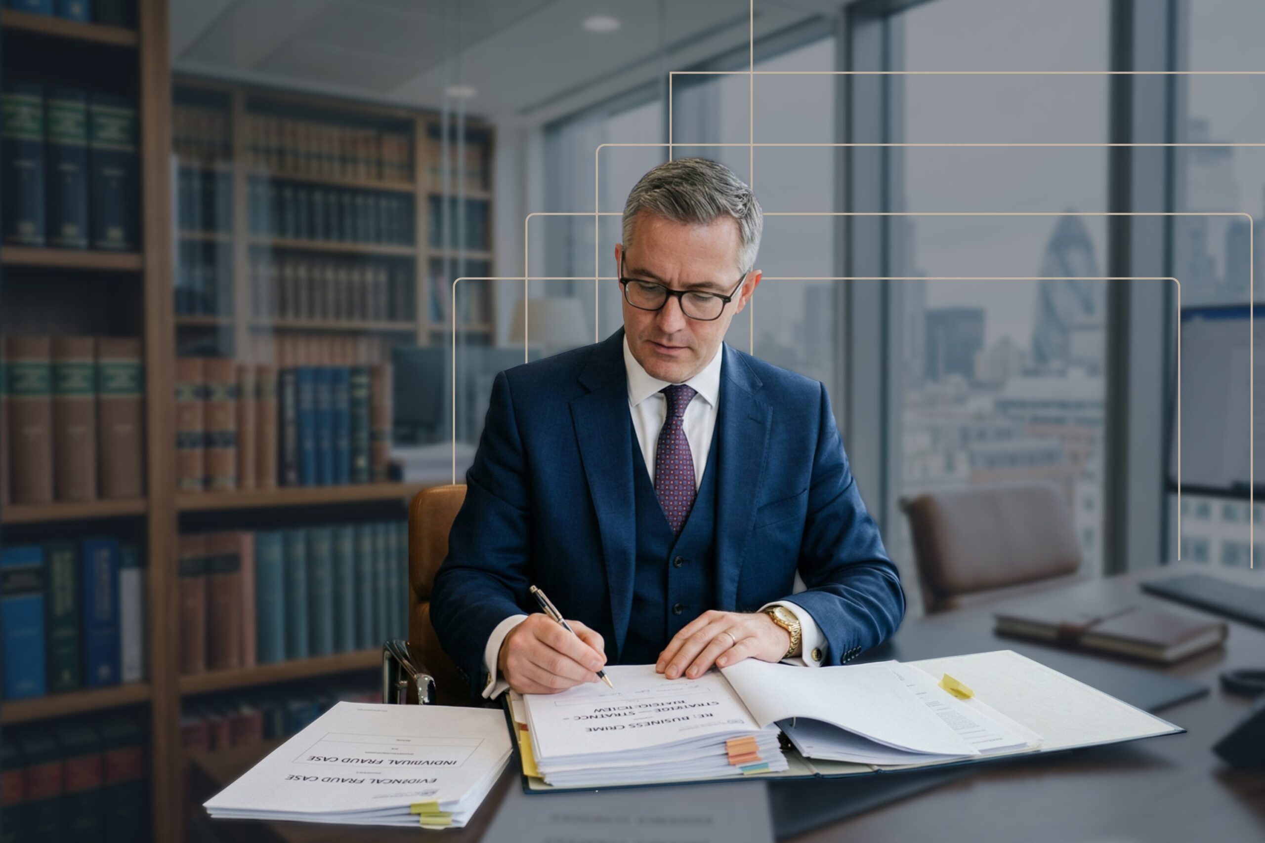 Criminal defence lawyer at desk