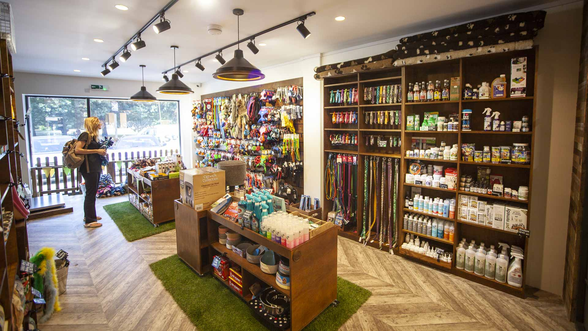 Modern pet grooming salon and retail store interior