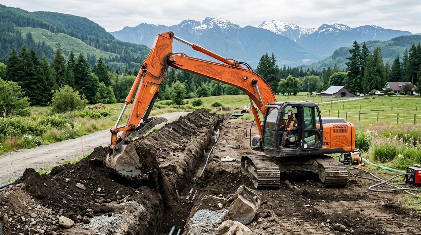 Excavator trenching in the Fraser Valley