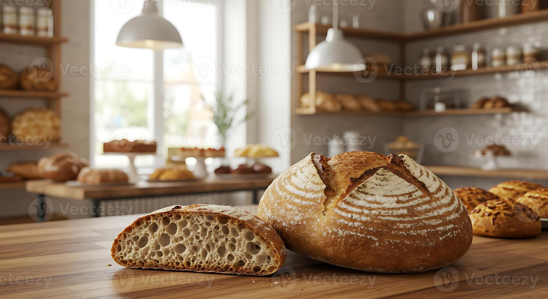 Fresh artisan bread on wooden table in warm bakery