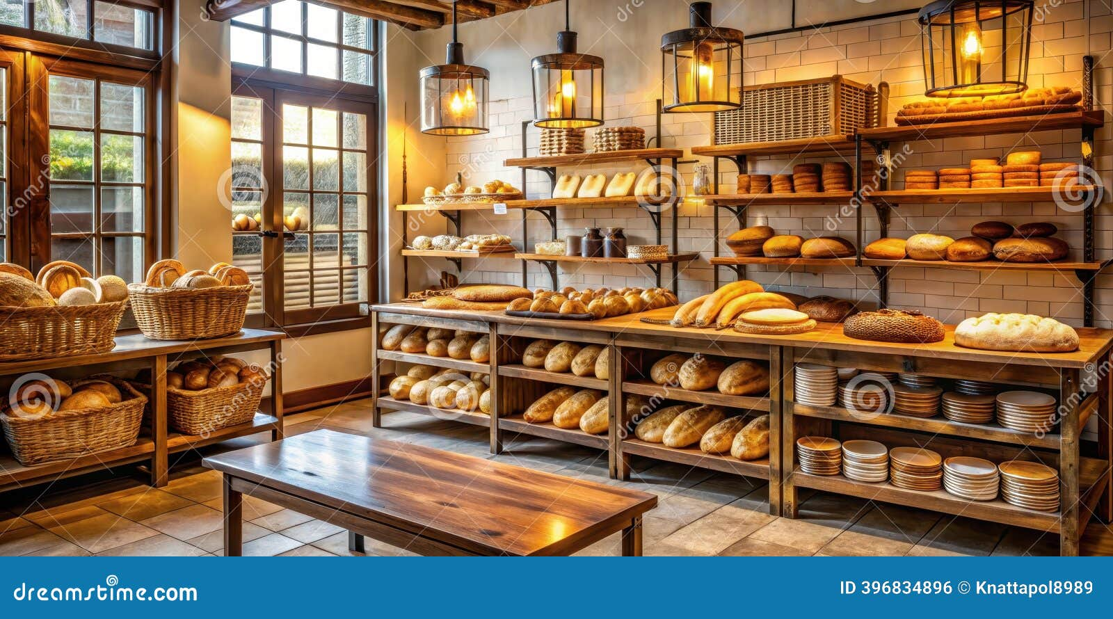 Warm artisan bakery interior with fresh bread