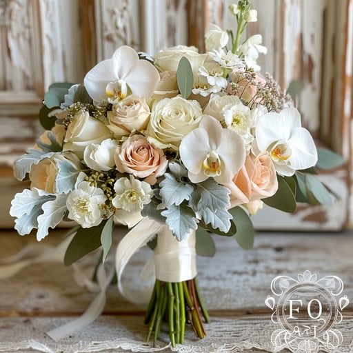 Elegant wedding bouquet with orchids and roses
