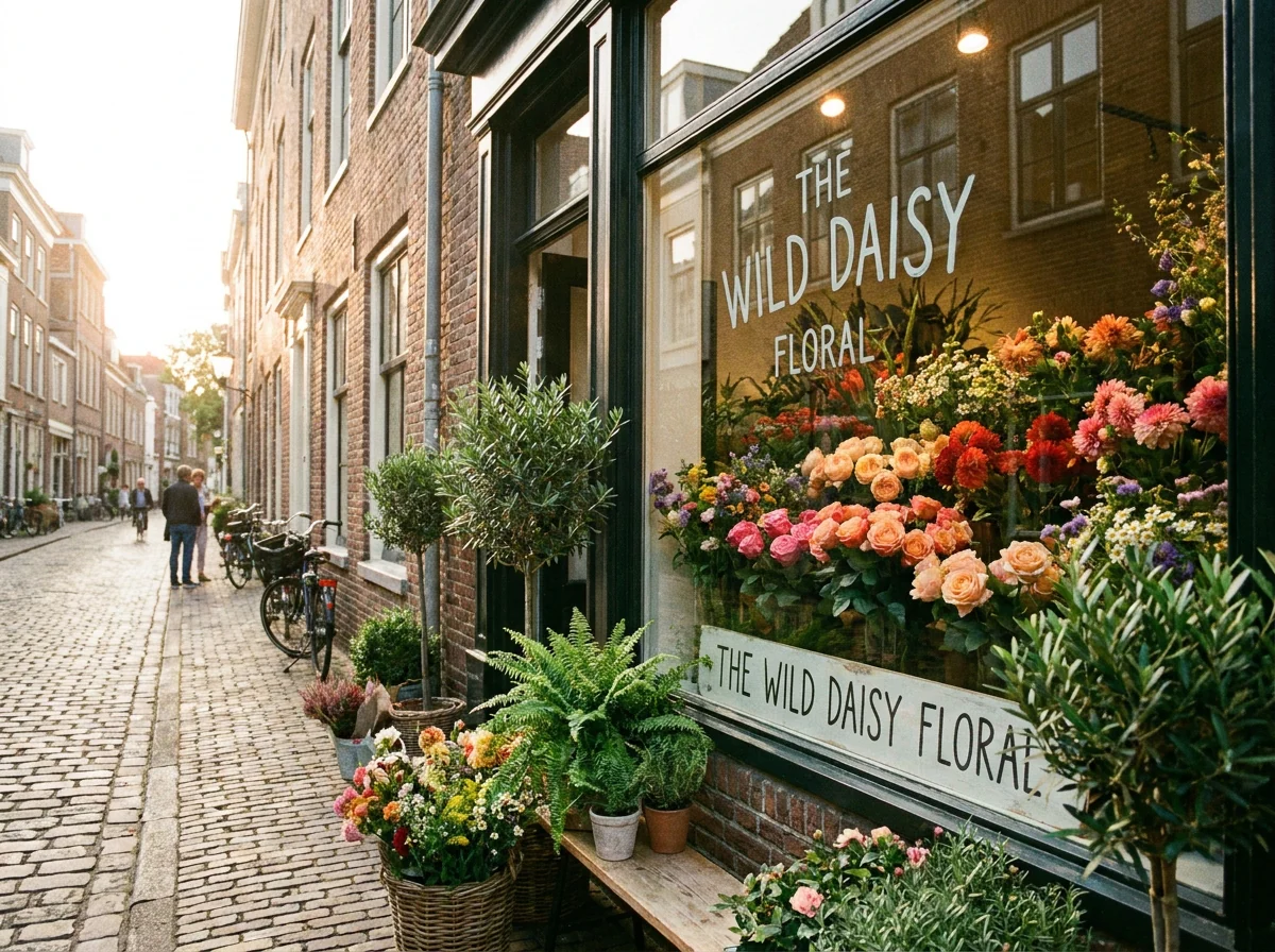 Beautiful flower shop storefront with vibrant floral arrangements