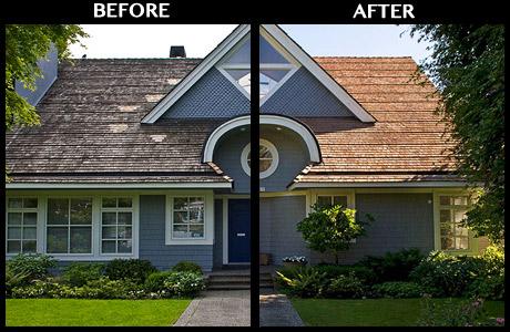 Before and after cedar roof treatment