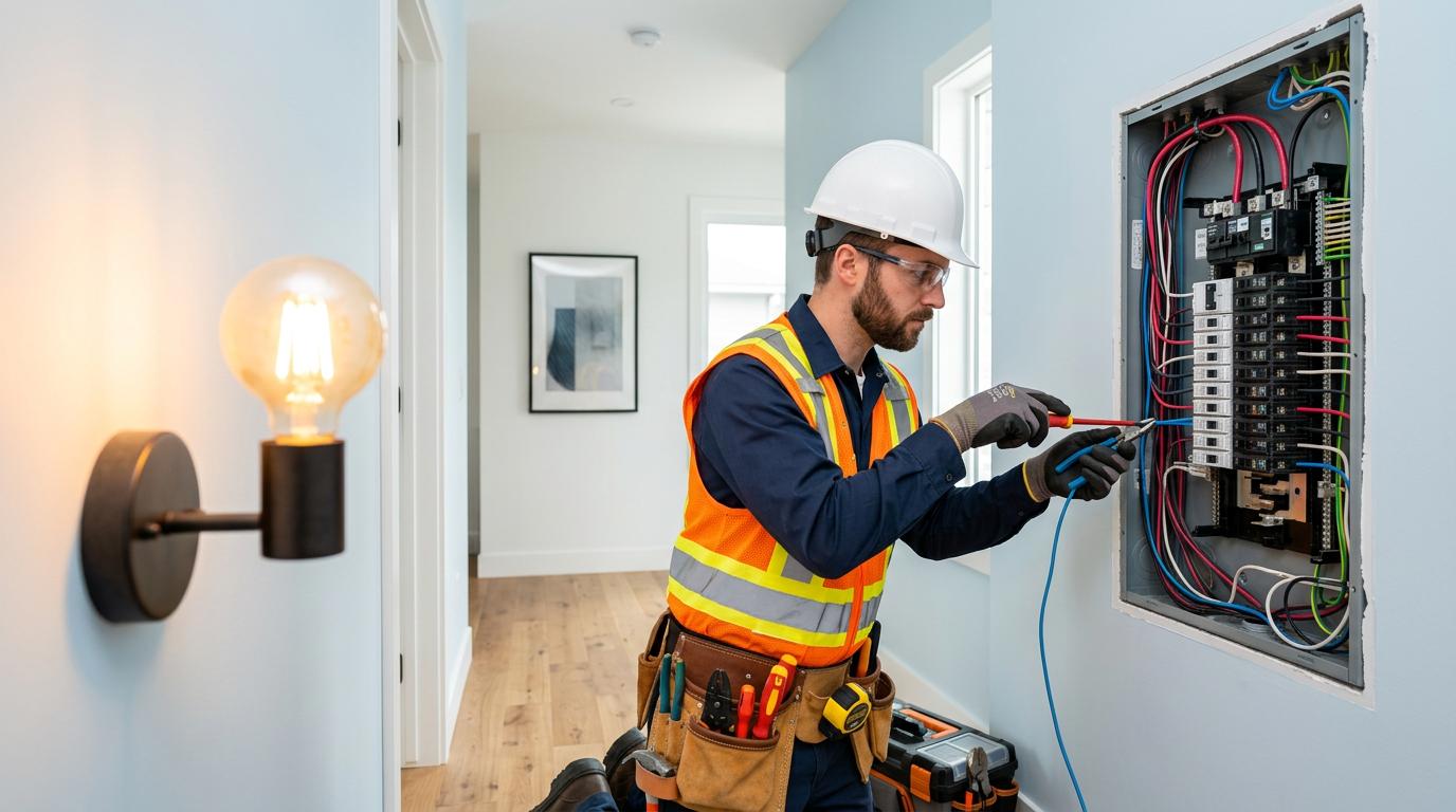 Professional electrician working on electrical panel