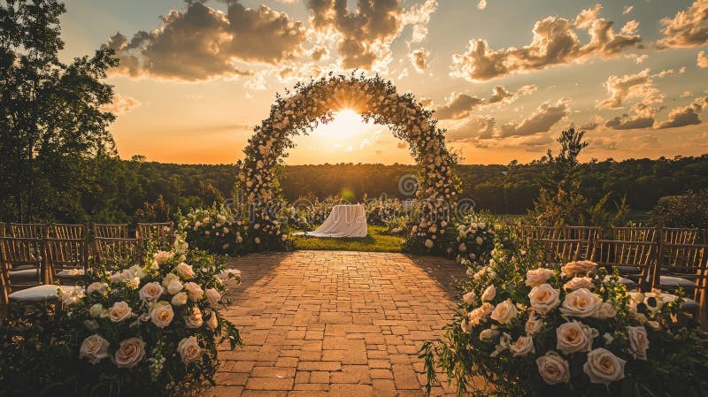 Beautiful outdoor wedding ceremony setup with floral arch at sunset
