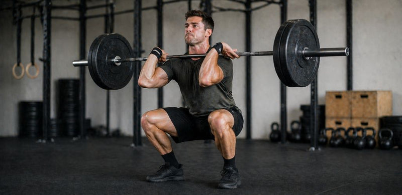 Athlete performing intense barbell squat at Crossfit Most Calgary