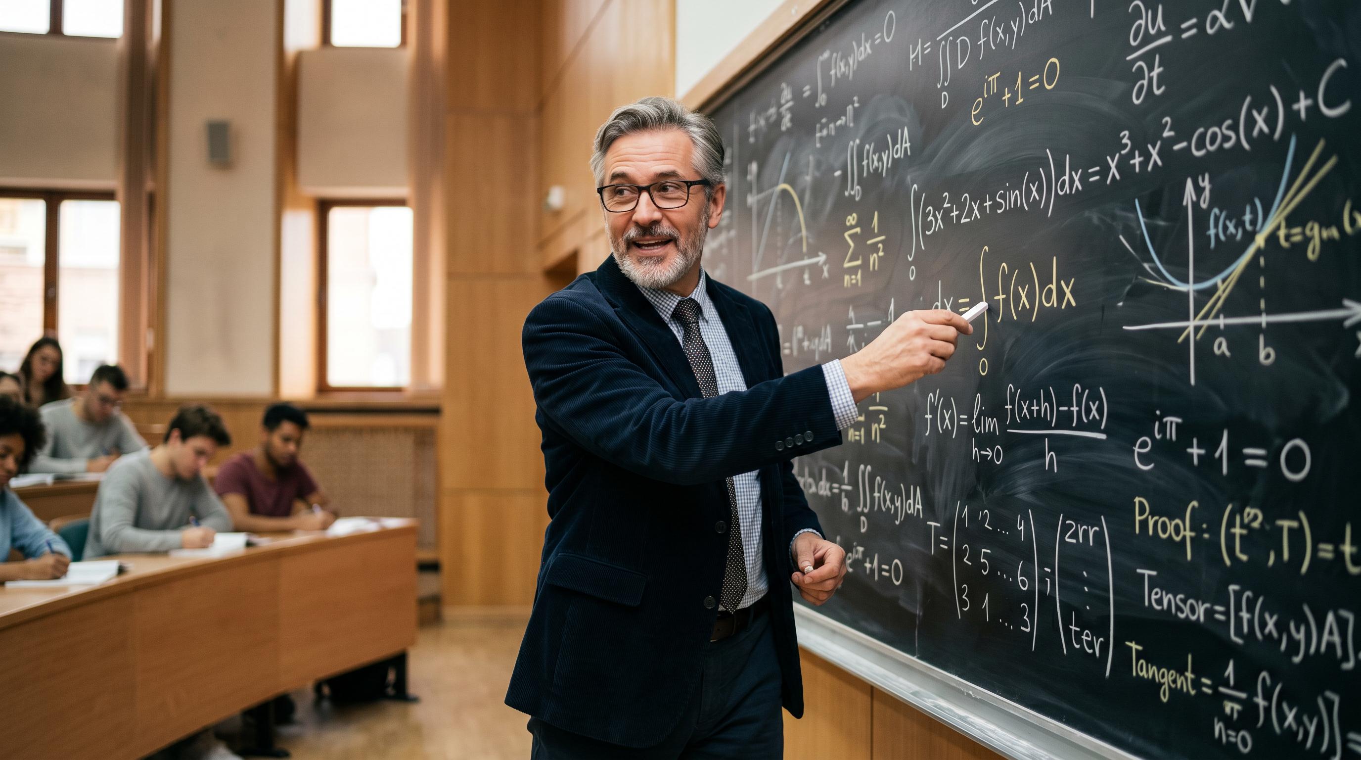 PhD mathematician teaching advanced mathematics on blackboard