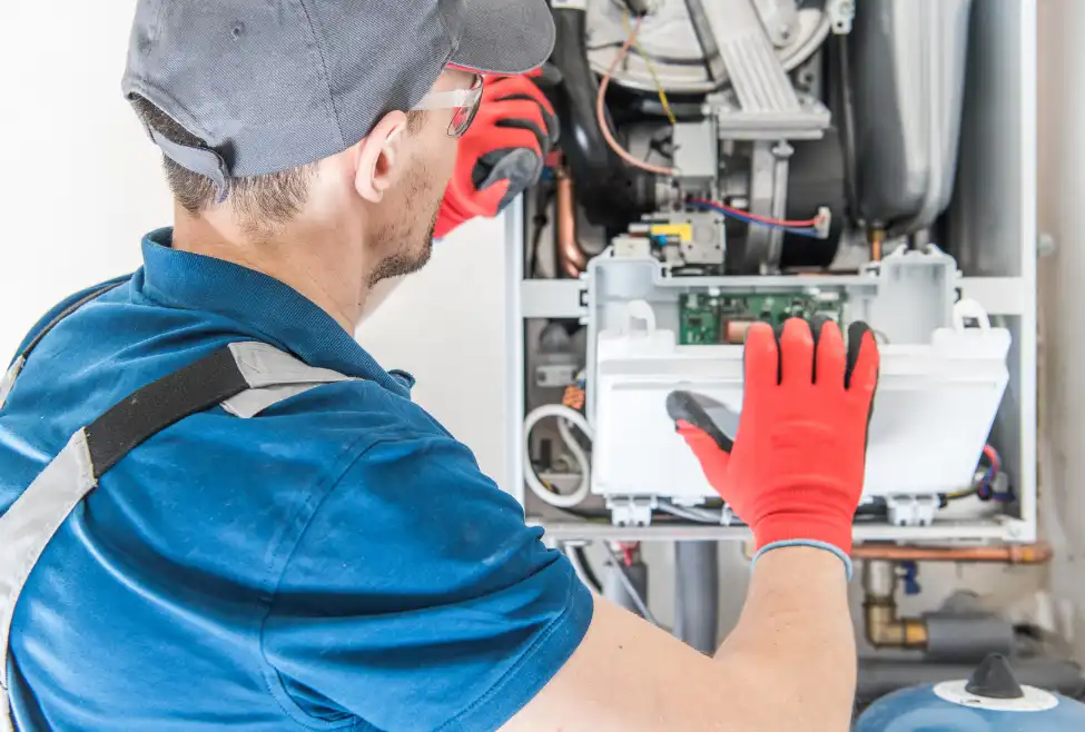 HVAC technician performing furnace maintenance