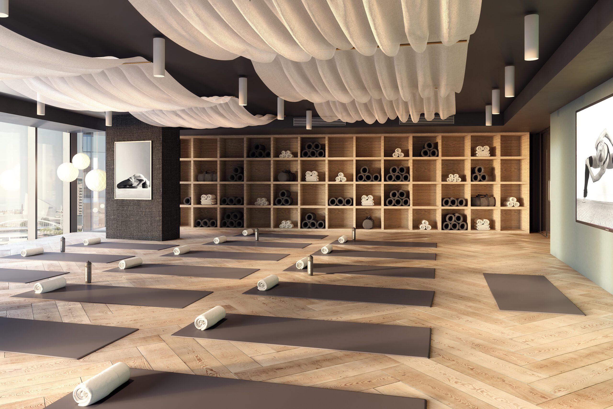 Serene yoga studio interior with natural light at Distrikt Movement in North Vancouver