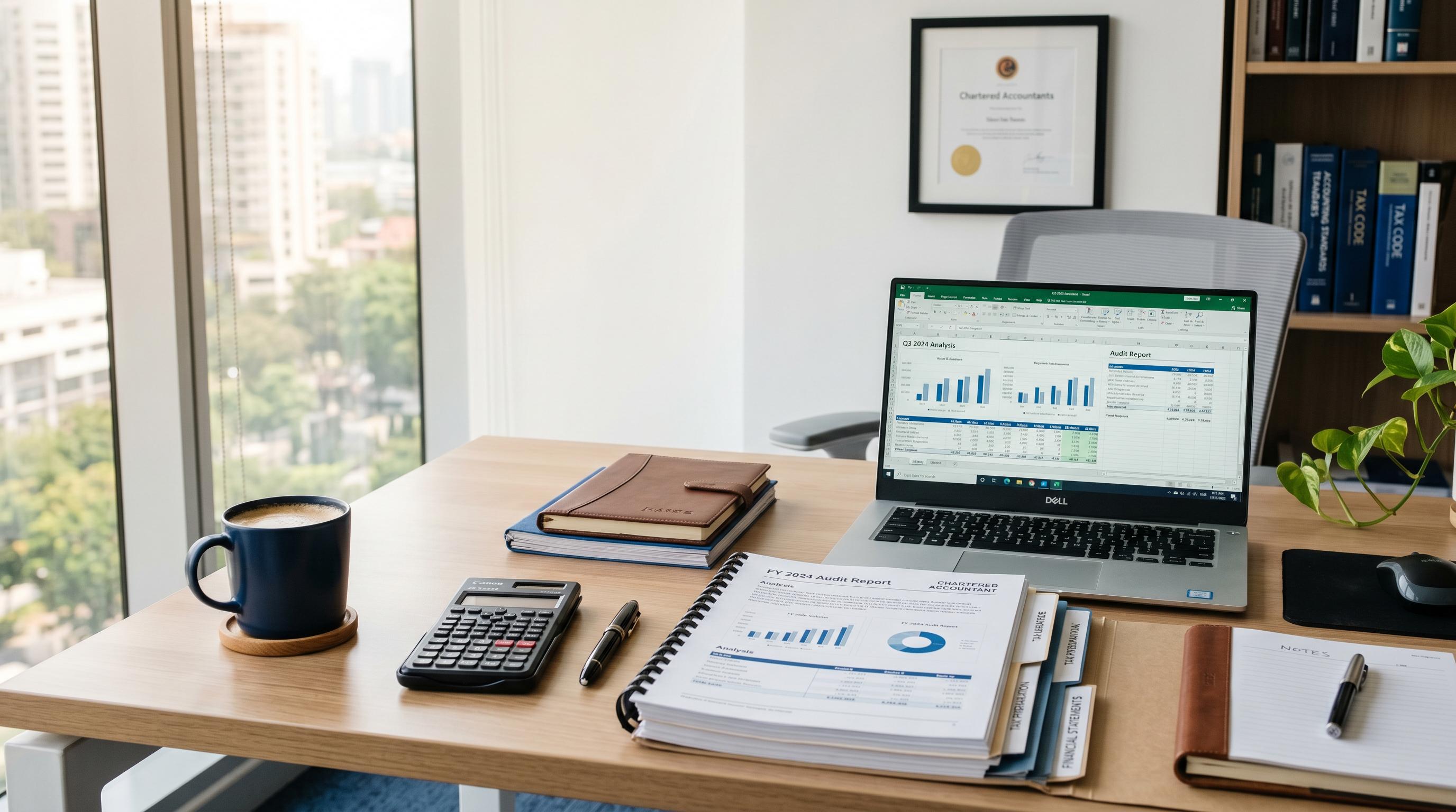 Professional accountant office desk with financial documents