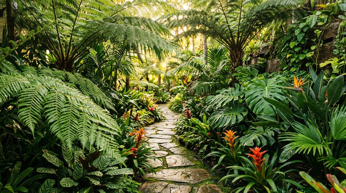 Lush tropical garden with fern fronds
