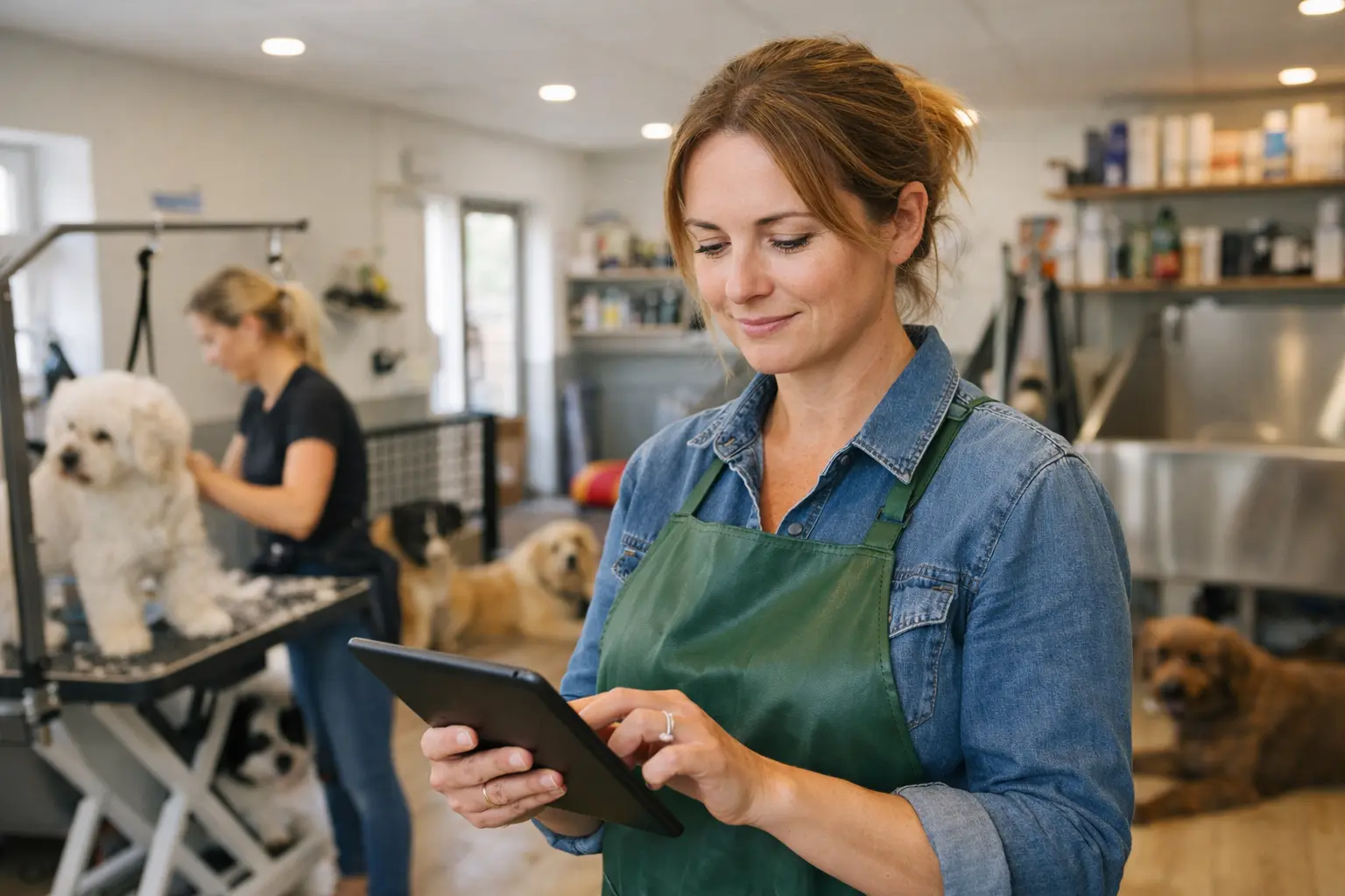 Professional pet care team in a modern facility