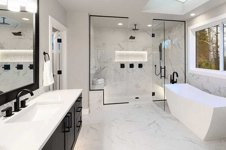 Luxury bathroom renovation with marble finishes