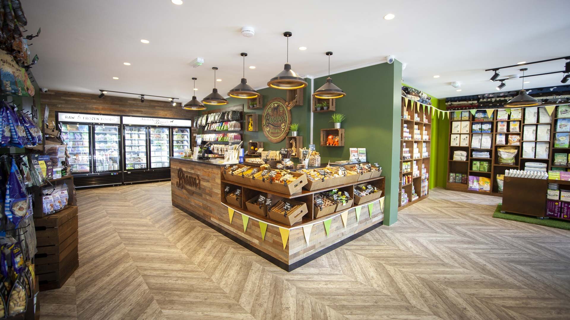 Natural pet food store interior with holistic products