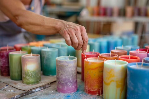 Artisan hand-pouring colorful soy candles in workshop