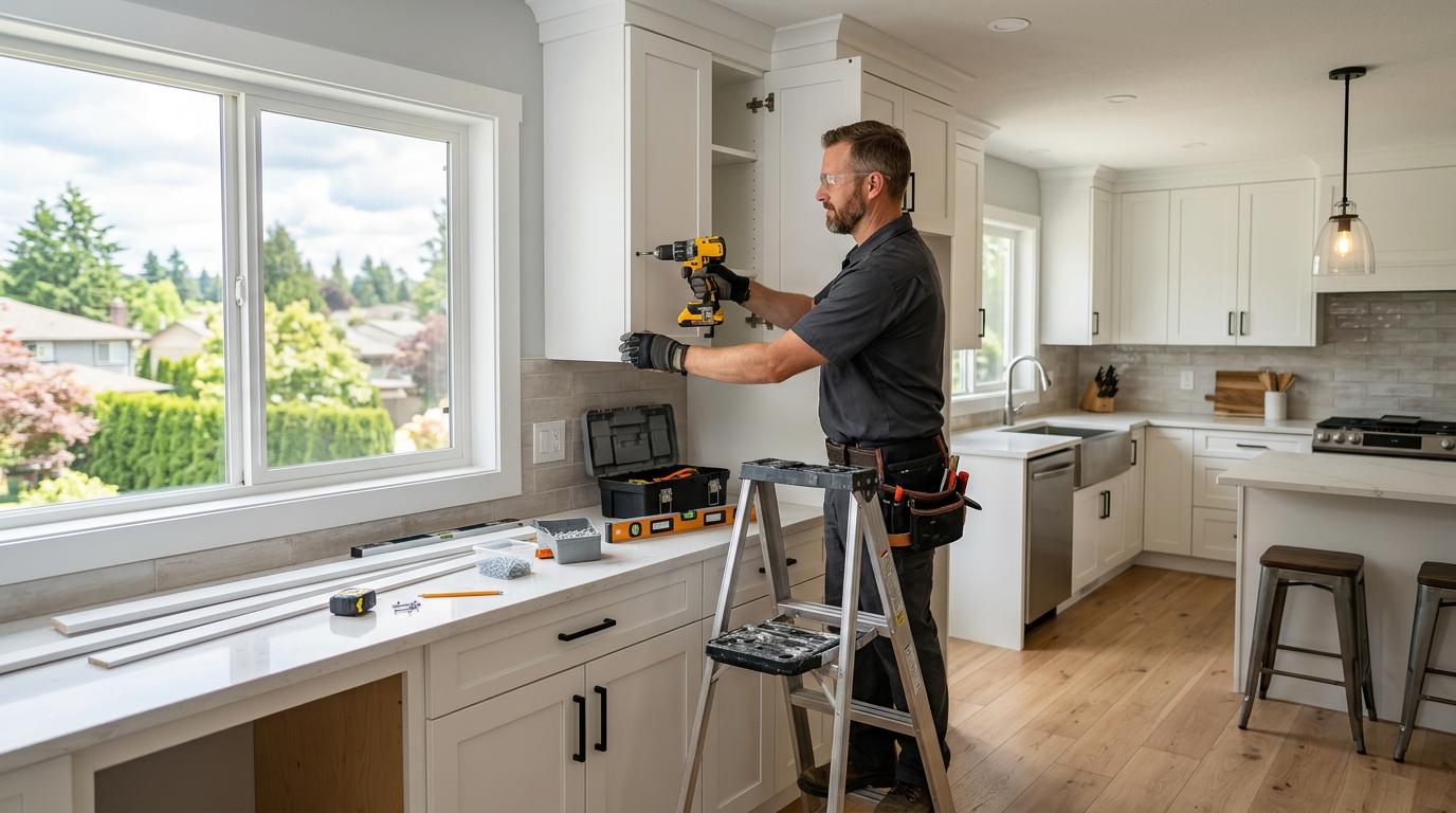 Professional handyman working in a modern kitchen renovation