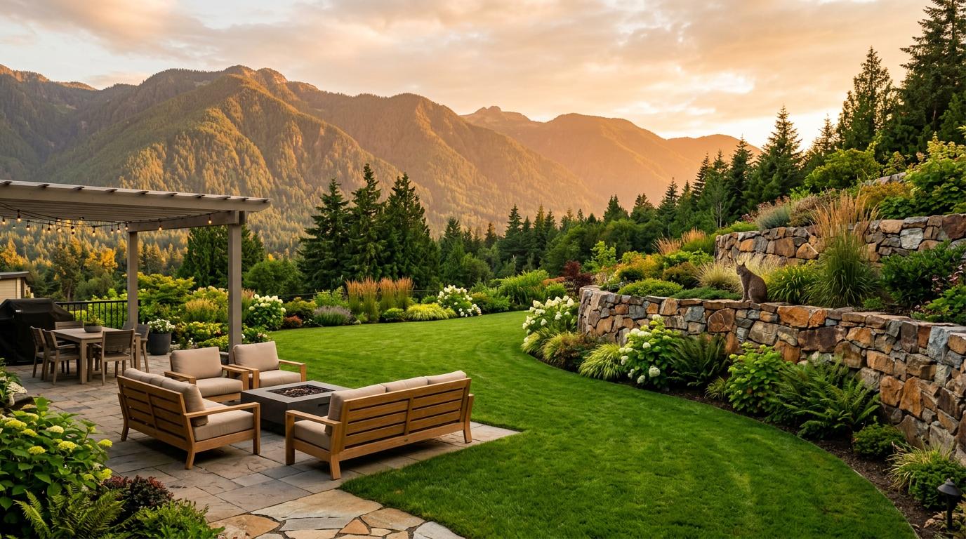 Beautiful landscaped backyard with stone retaining wall