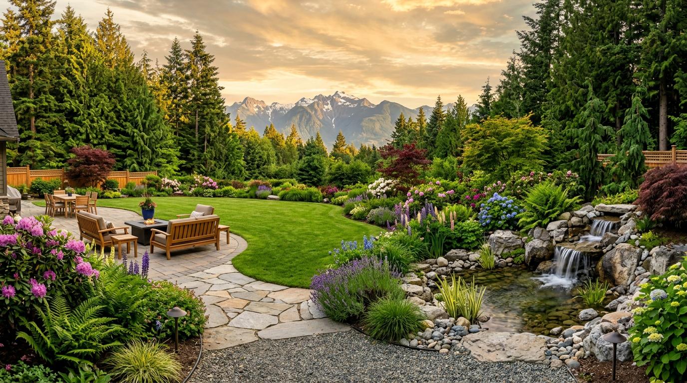 Beautiful landscaped backyard with water feature and mountain views