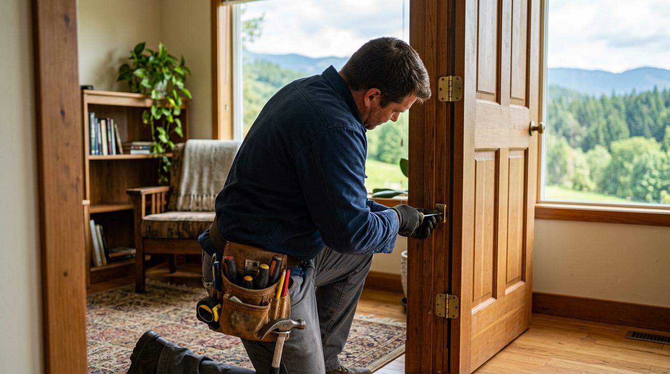 Friendly handyman fixing a door in a cozy home
