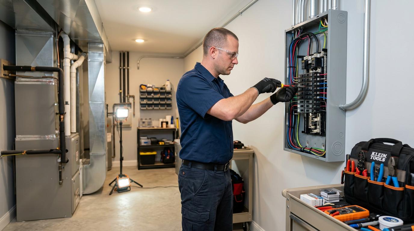 Professional electrician working on electrical panel installation