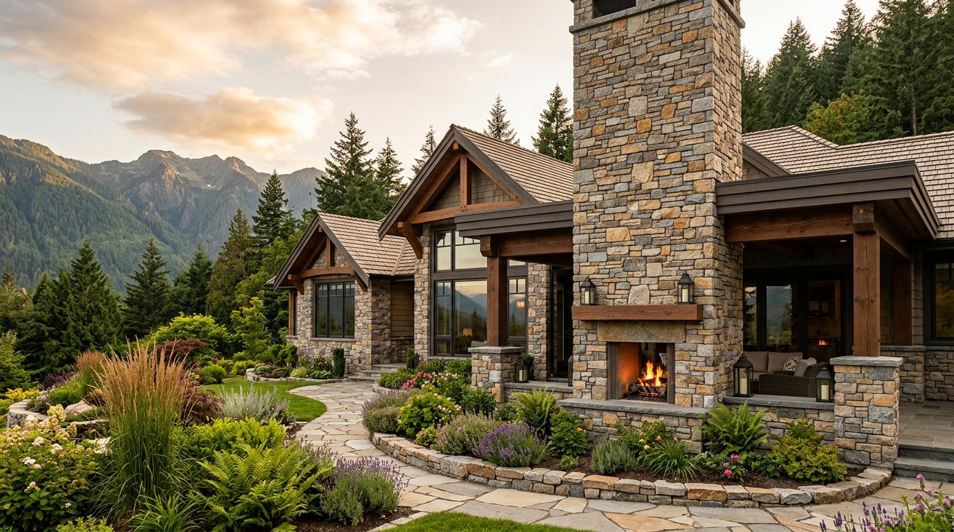 Old Country Masonry stone fireplace and home exterior in Chilliwack