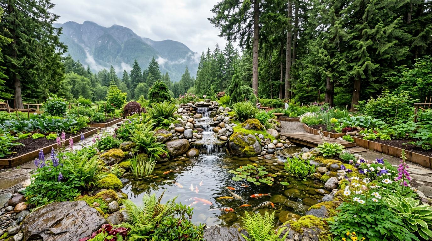 Beautiful natural koi pond with waterfall in lush garden