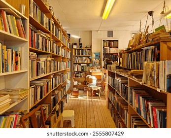 Interior of Russell Books store with shelves full of books