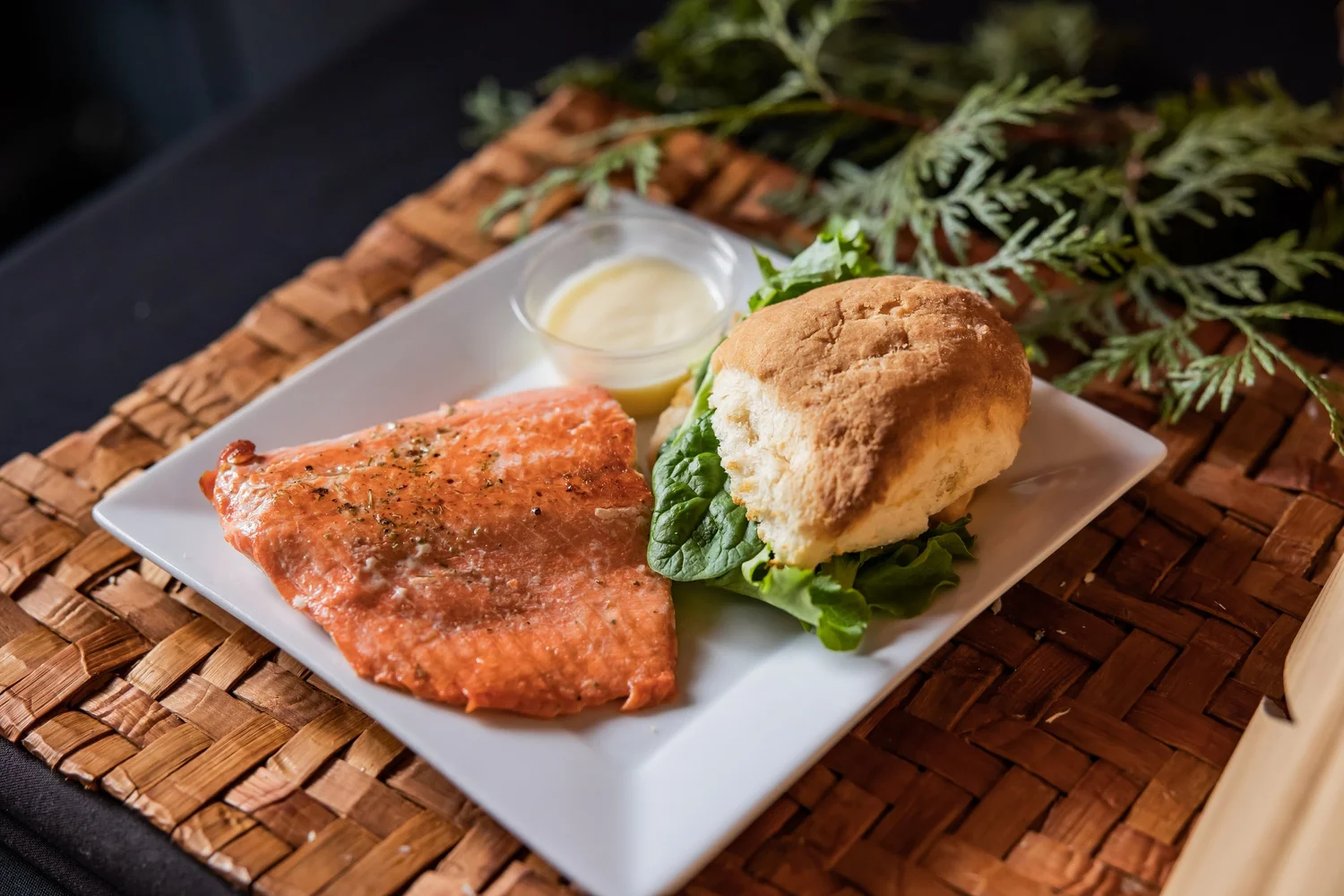 Traditional salmon and bannock dish at Salmon n' Bannock Bistro