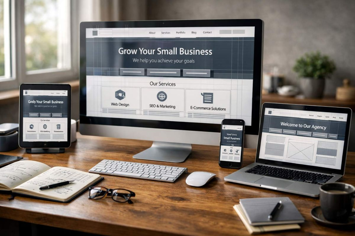Modern web design workspace with responsive devices
