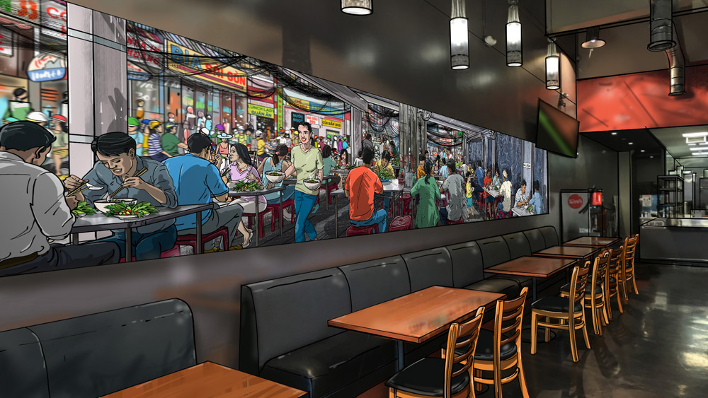 Soup Plus restaurant interior with Vietnamese mural