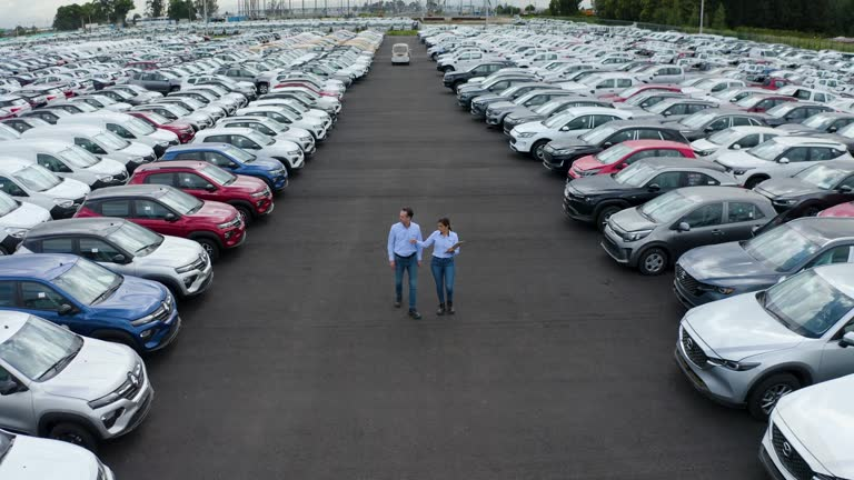 Aerial view of car dealership lot