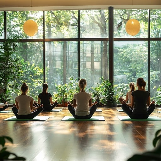 Group yoga class practicing together in a sunlit studio