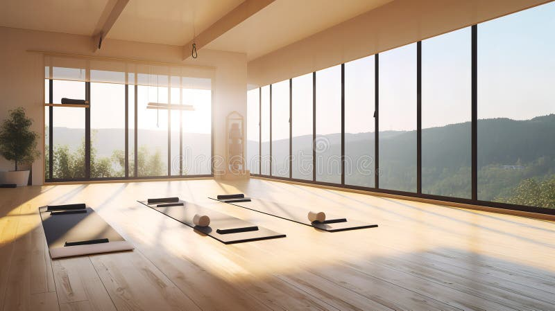 Beautiful modern yoga studio interior with natural light
