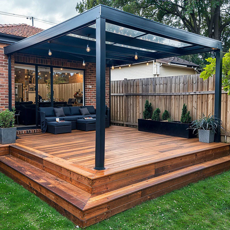 Beautiful custom wooden deck with pergola in a backyard