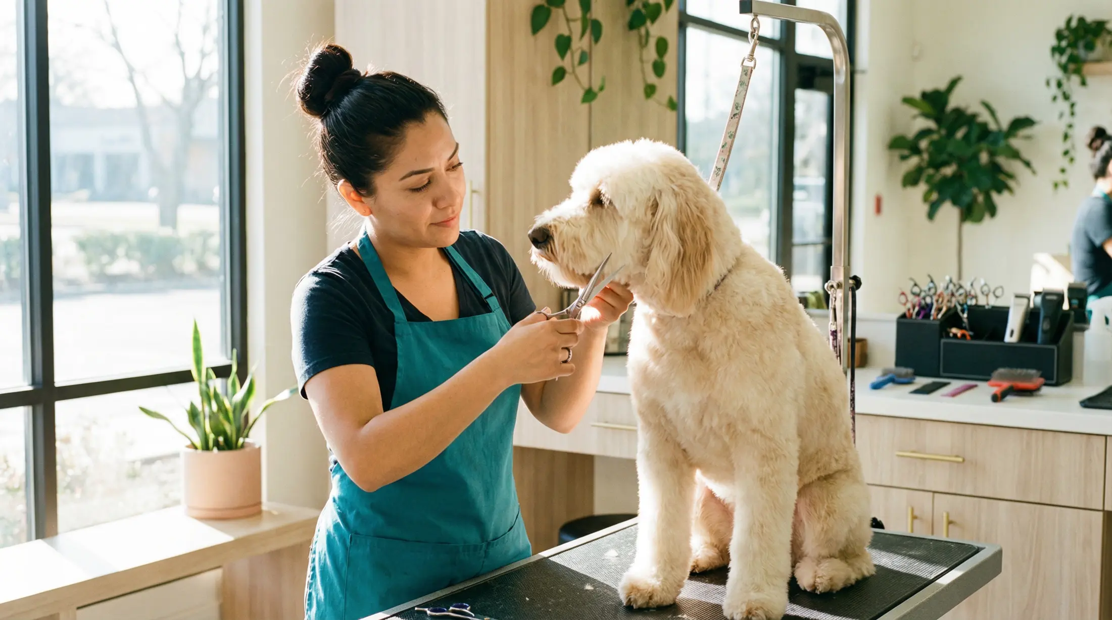 Professional groomer caring for a dog at Toilettage Bellechasse