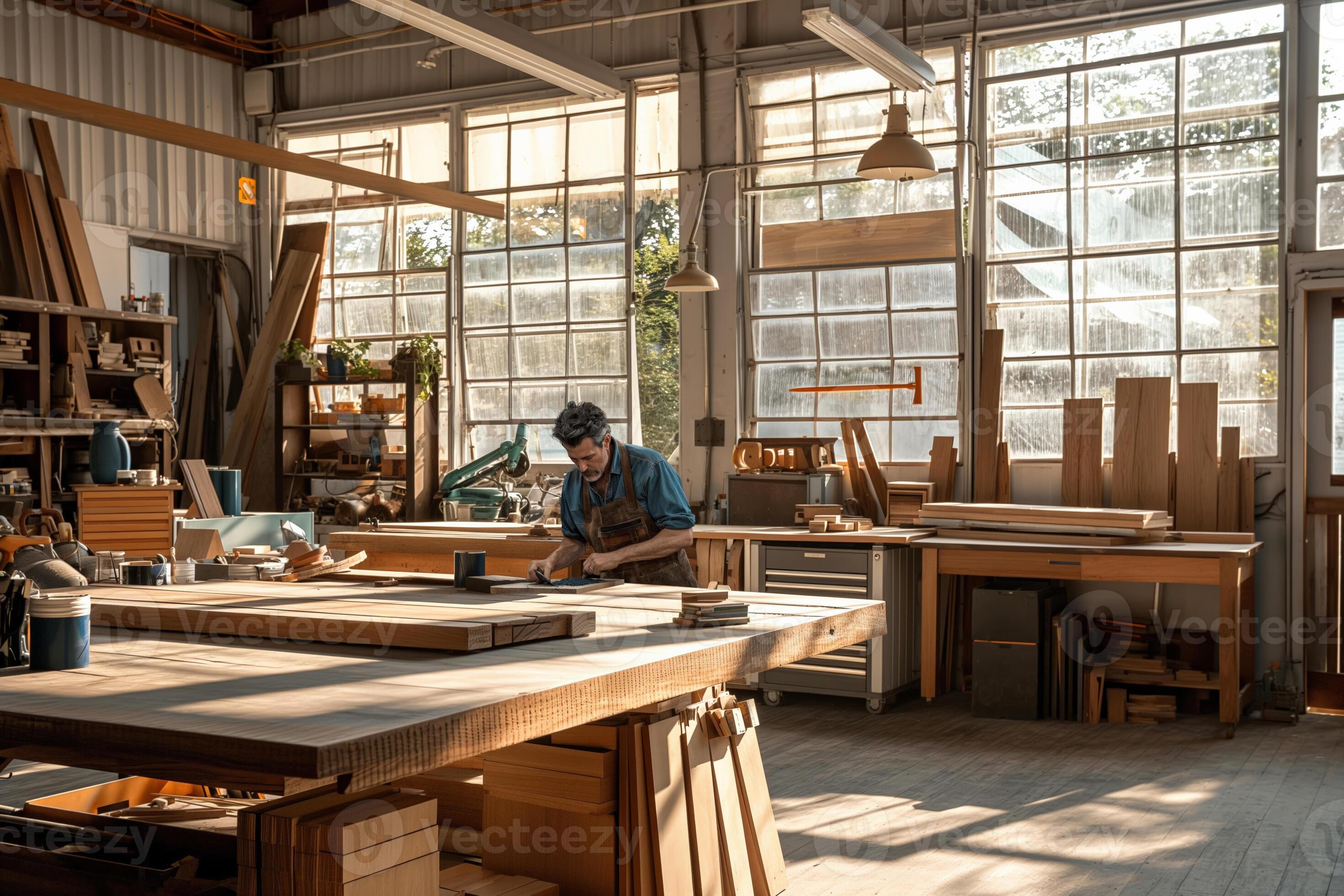Artisan woodworker crafting custom furniture in a sunlit Calgary workshop